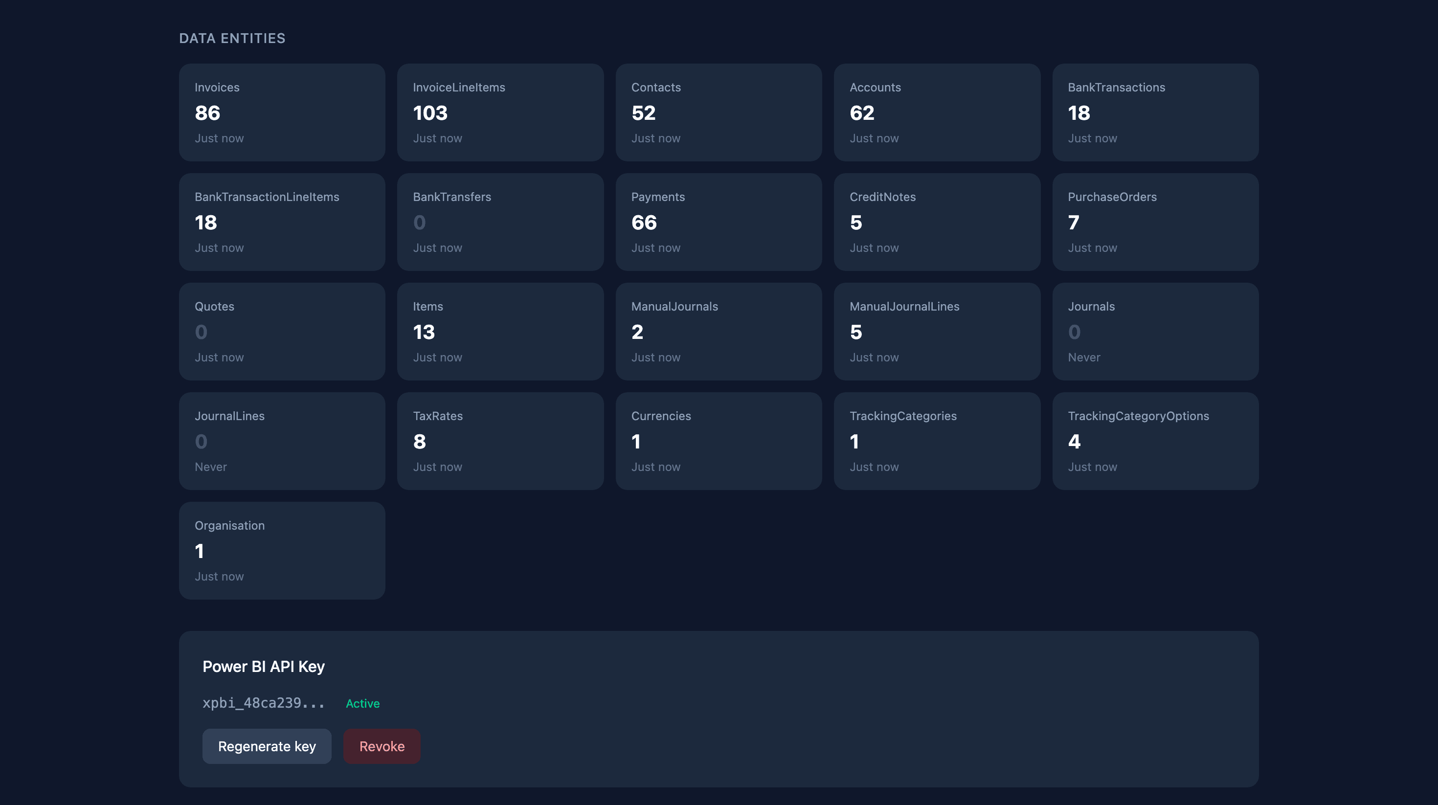 Xero Bridge data entities view showing all synced record types including invoices, contacts, bank transactions, and a Power BI API key
